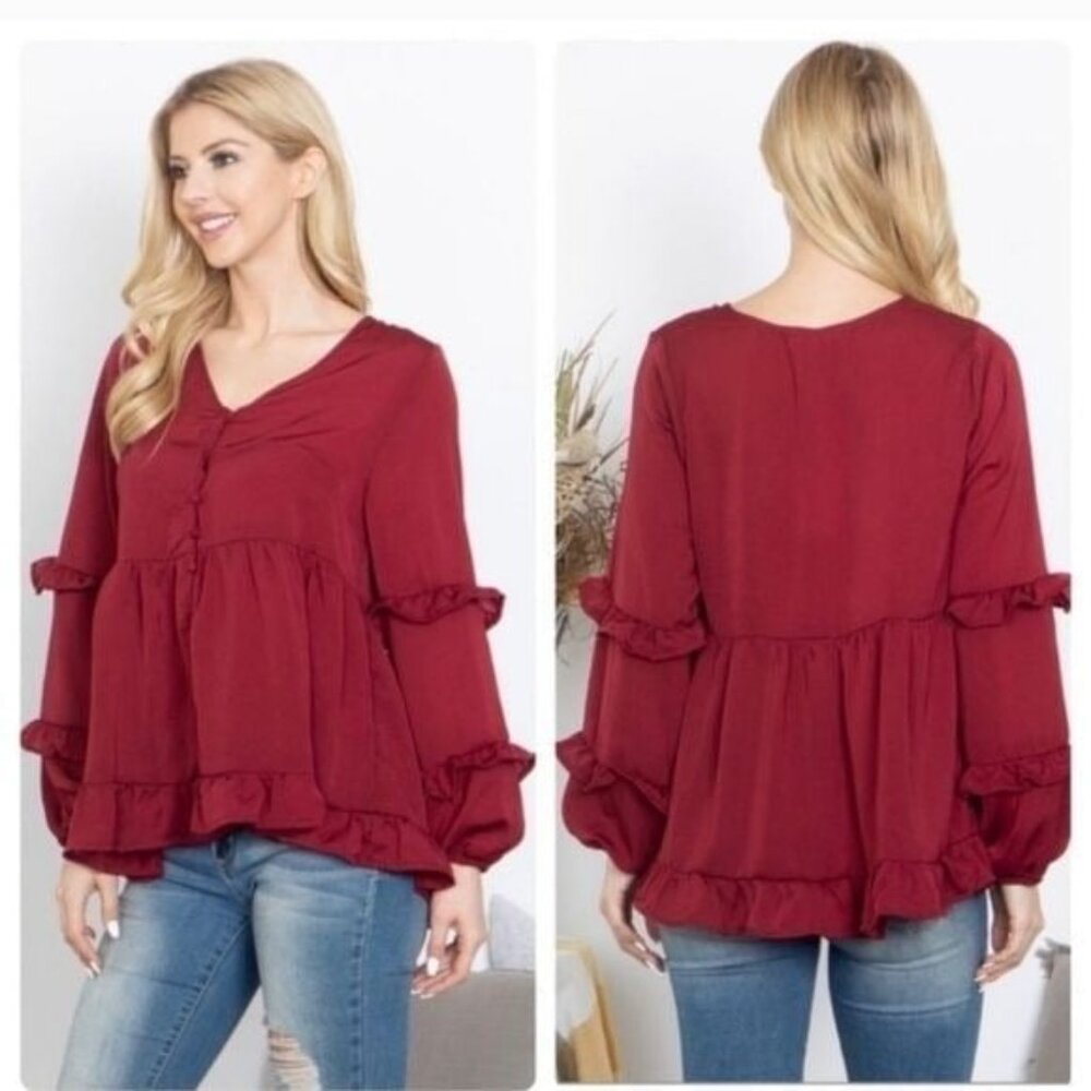 Womens Burgundy Ruffle Hem Button-Down Long Sleeve Peplum Blouse Top-SIZE:MEDIUM